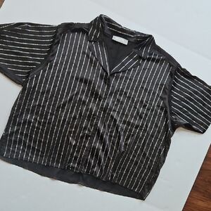 blue b. Silky Rhinstone Striped Pajama Blouse, Size Medium
